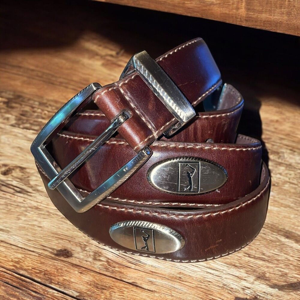 VTG 90'S PGA TOUR Men's 44 Brown Leather Golf Conchos Tapered Belt MADE IN USA